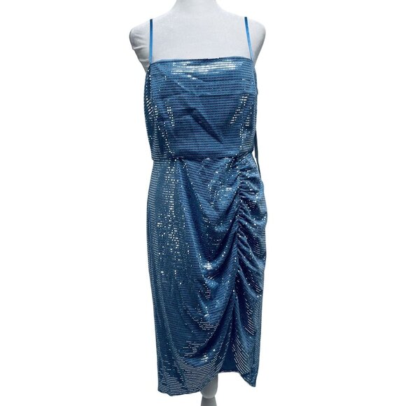 Aidan By Adrianna Papell Blue Sequin Ruched Midi party Dress Size 10 - Picture 1 of 11